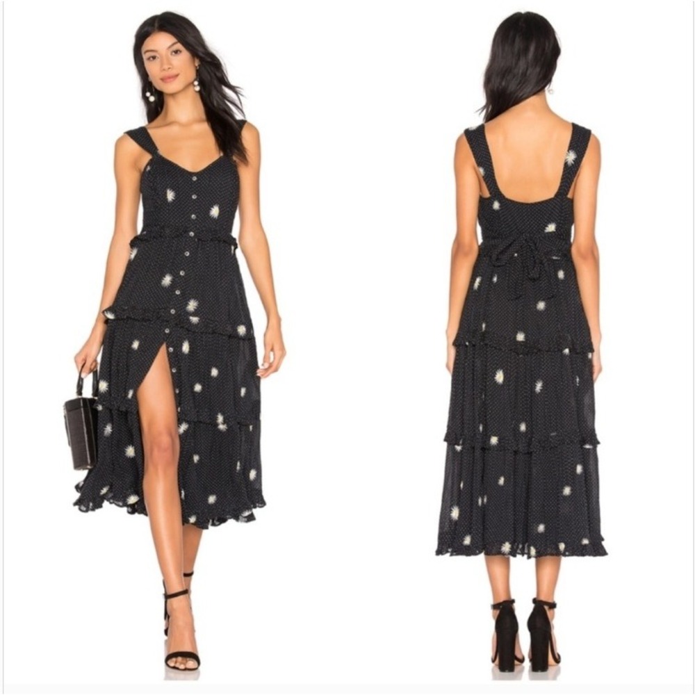 Free People Daisy Chain midi dress‎ Size XS Black Polka Dot Embroidered Boho
